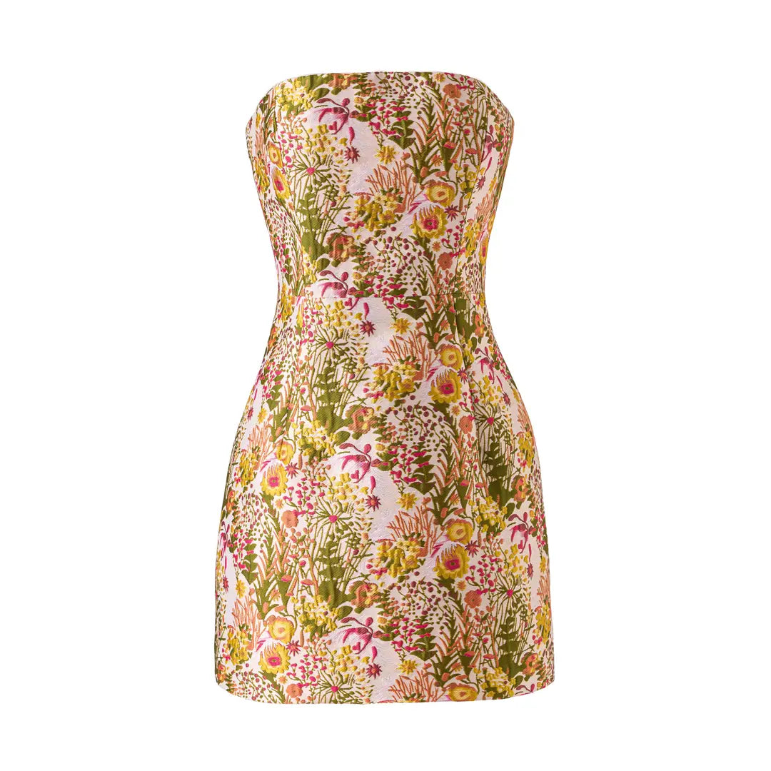 Floral Jacquard Strapless Mini Dress - Pink/Green