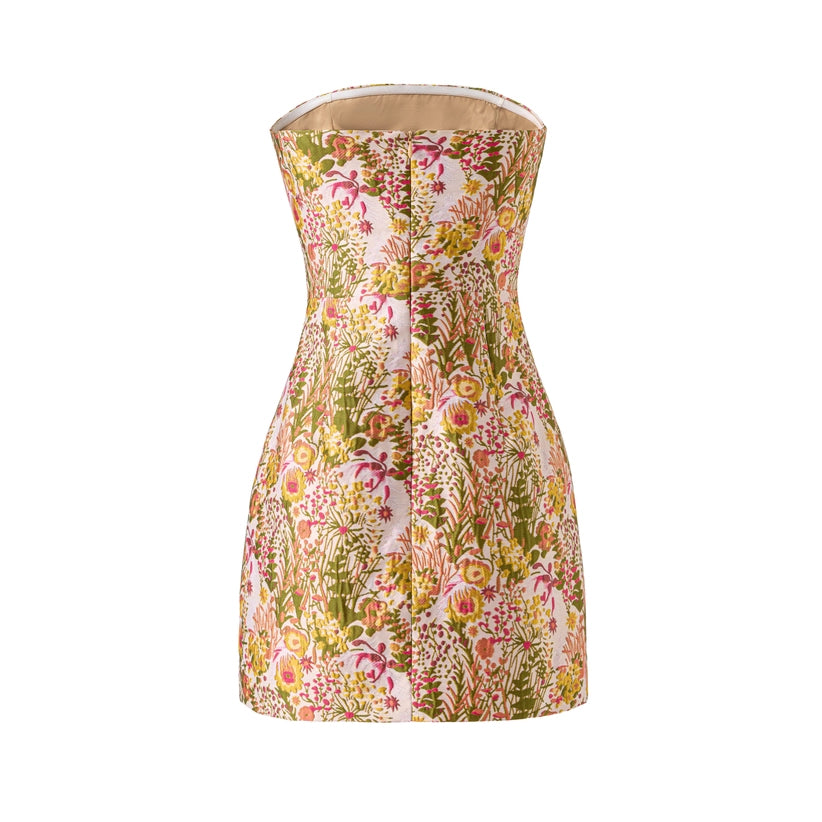 Floral Jacquard Strapless Mini Dress - Pink/Green