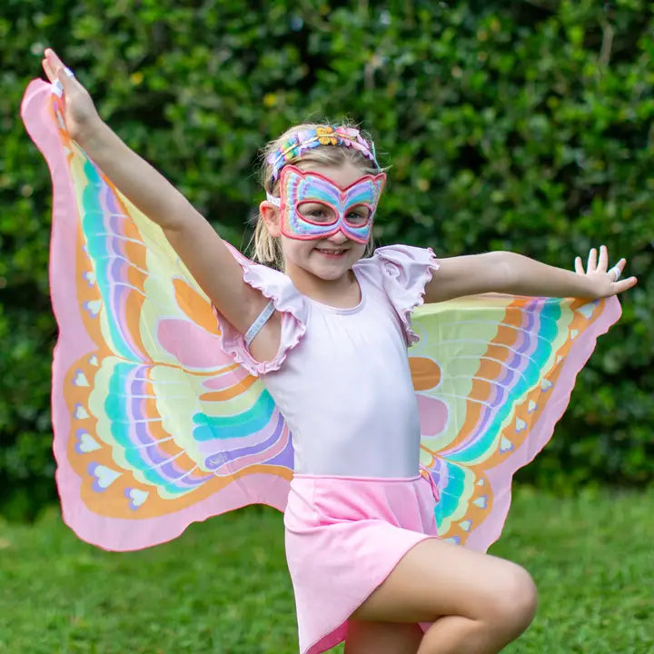Girls Pink Rainbow Butterfly Wings + Mask