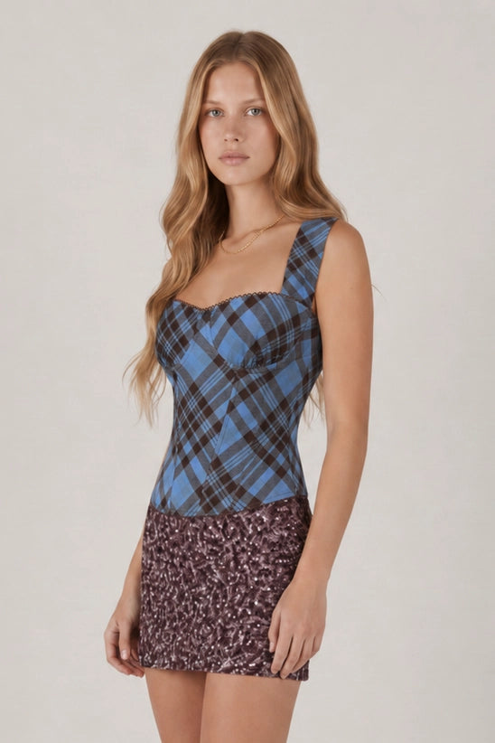 Plaid Mesh Corset Top