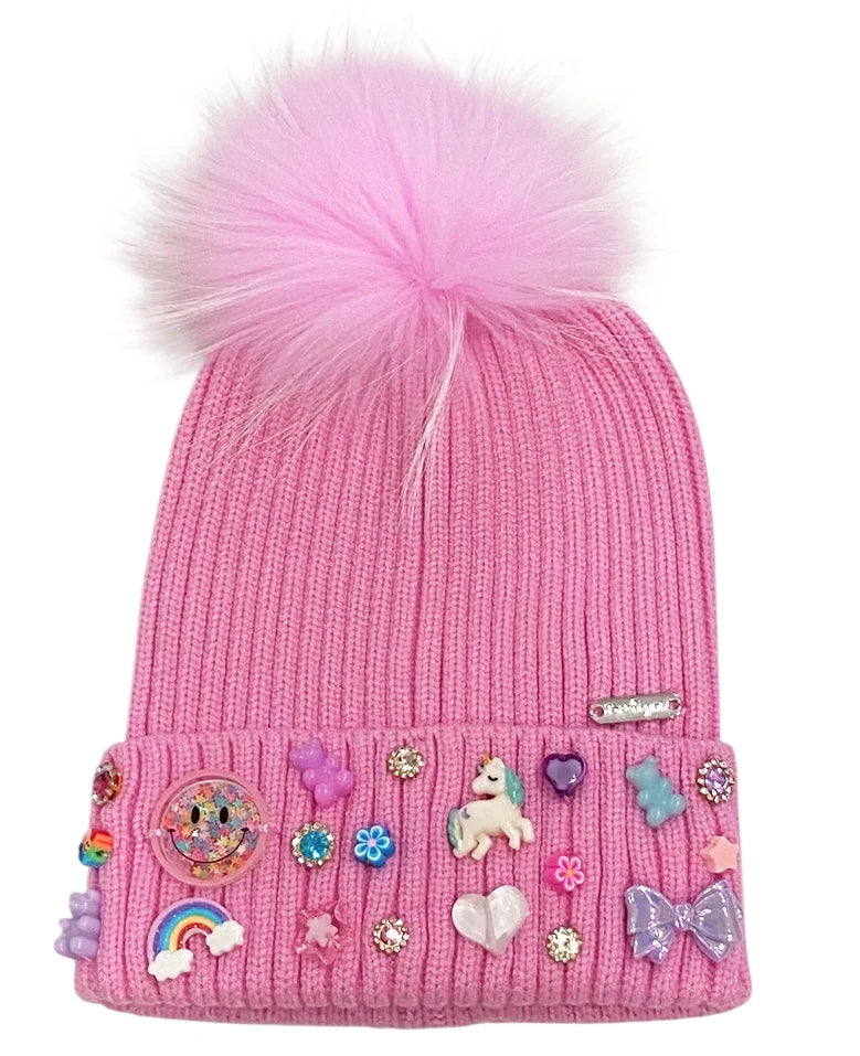 Girls Pink Charm Pom Pom Hat