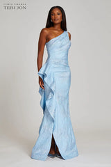 Powder Blue Jacquard One Shoulder Side Ruffle Gown