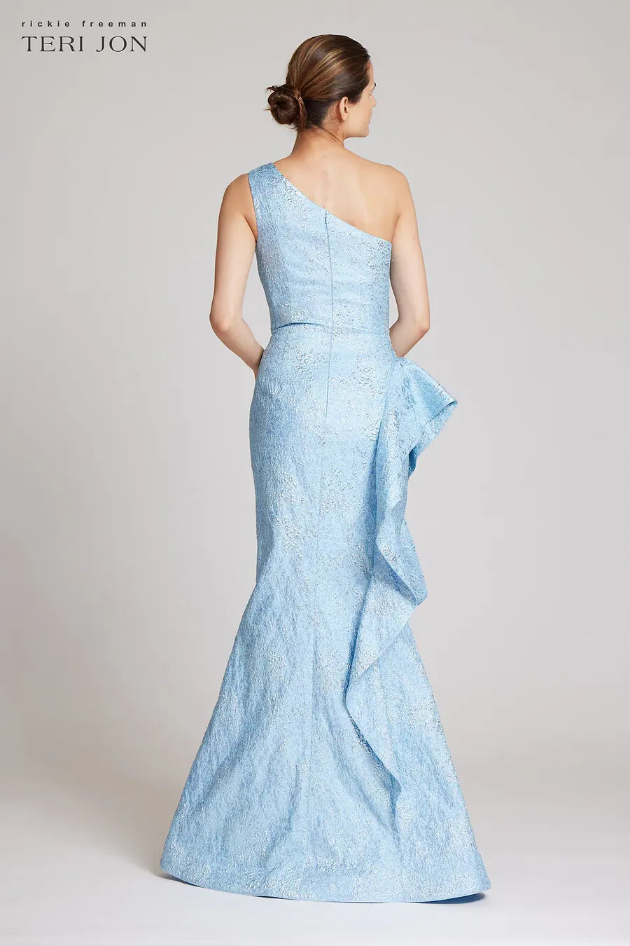 Powder Blue Jacquard One Shoulder Side Ruffle Gown