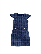 Girls Blue Tweed Cap Sleeve Dress