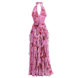 Pink Floral Ruffle Halter Dress