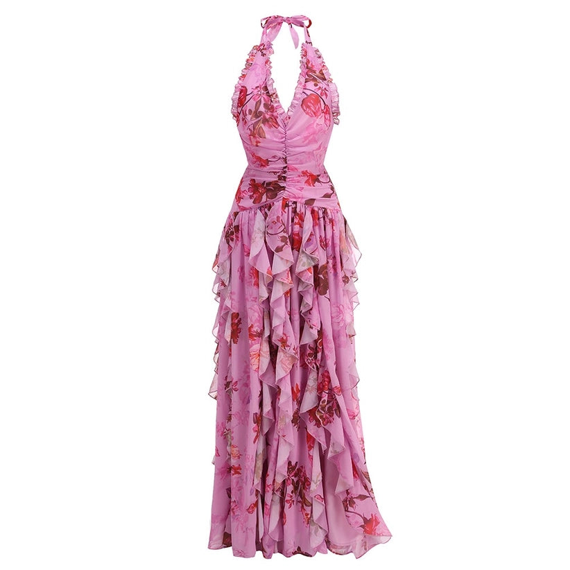 Pink Floral Ruffle Halter Dress