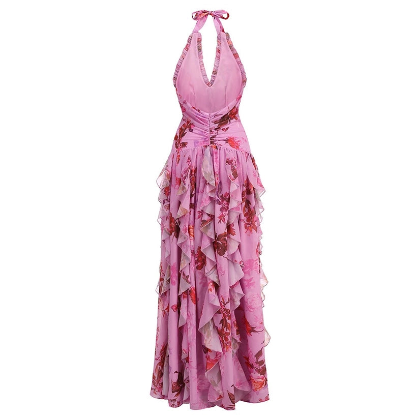 Pink Floral Ruffle Halter Dress