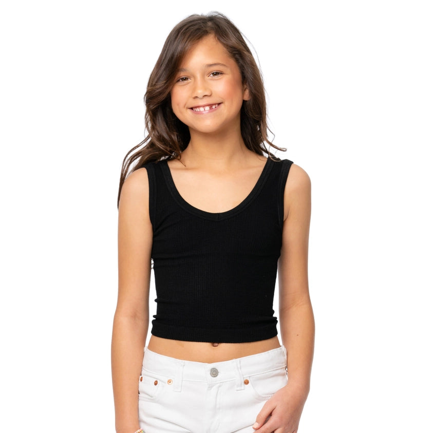 Girls V-Neck Front & Scoop Back Ribbed Crop Tank Top