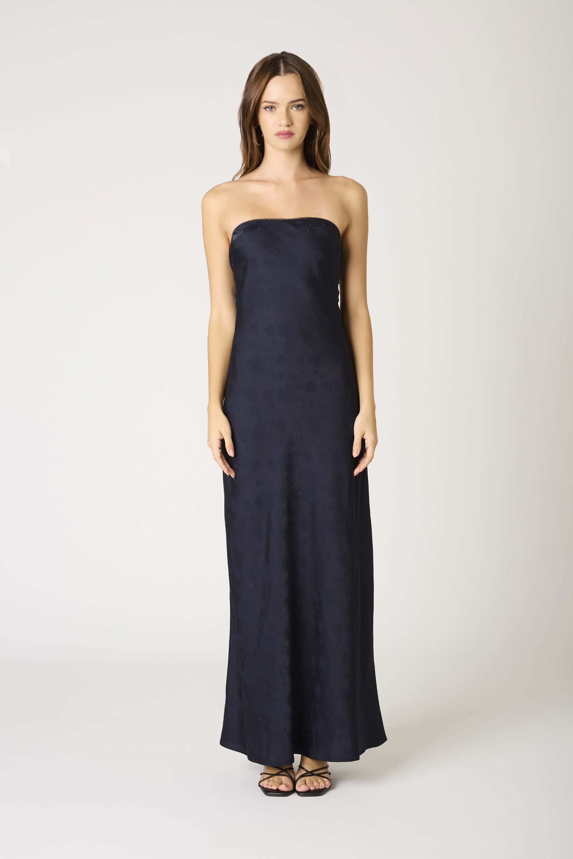 Navy Tonal Floral Strapless Maxi Dress