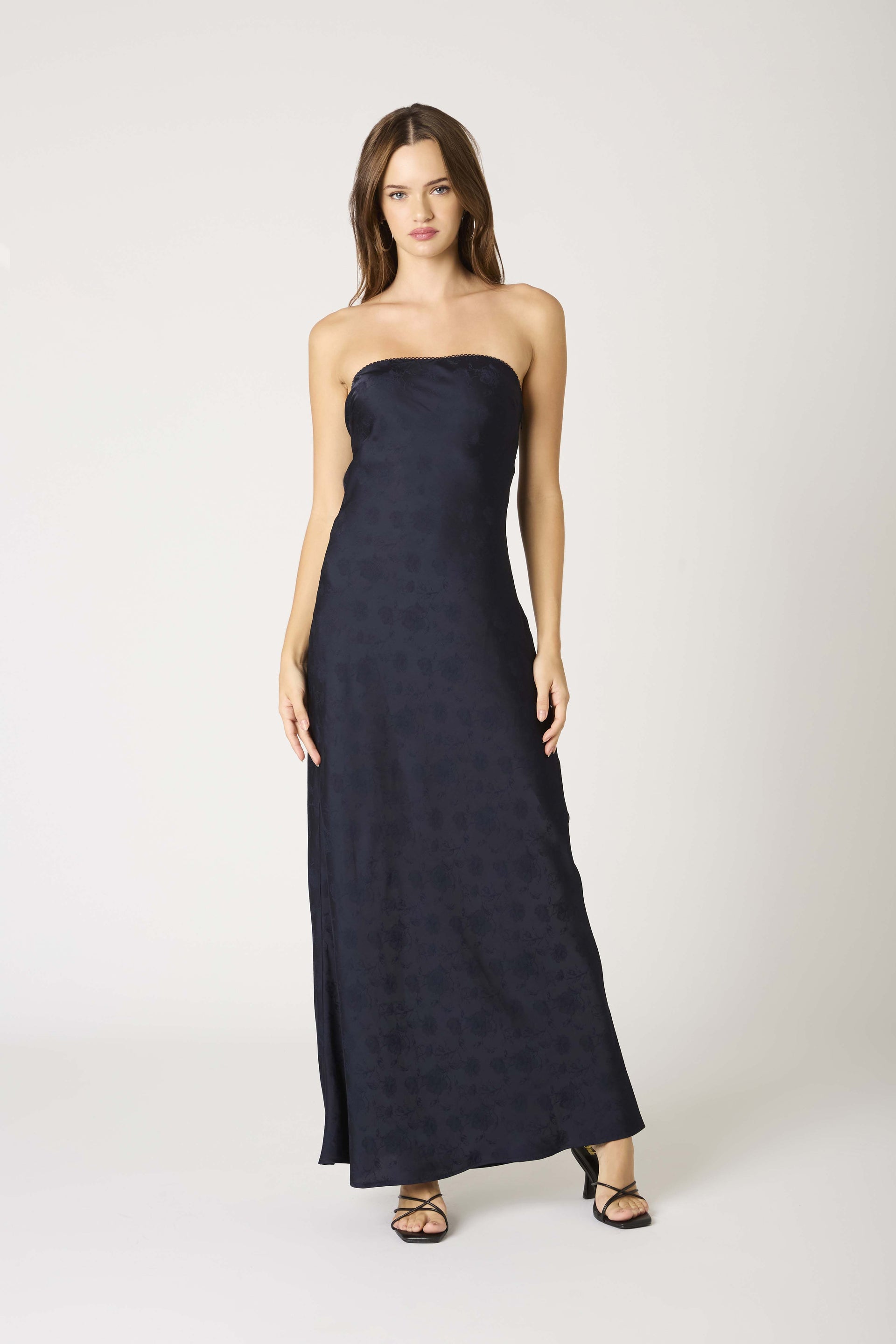 Navy Tonal Floral Strapless Maxi Dress