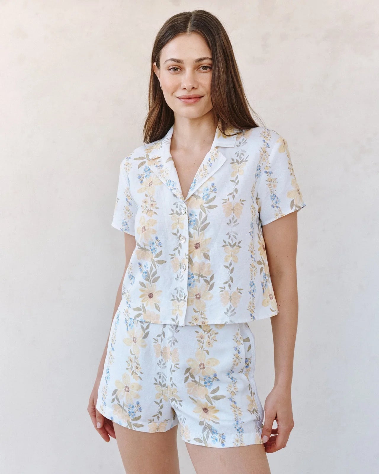 Short Sleeve Knotch Collar Shirt - Wildflower Stripes Print