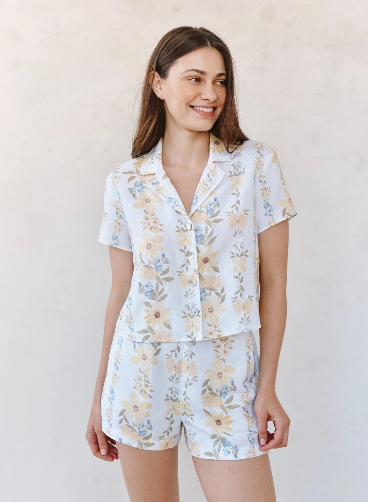 Short Sleeve Knotch Collar Shirt - Wildflower Stripes Print