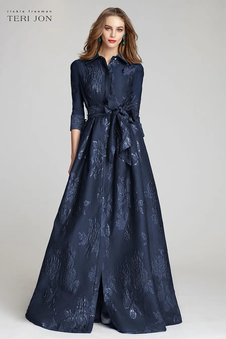 Navy Metallic Jacquard Shirtdress Gown