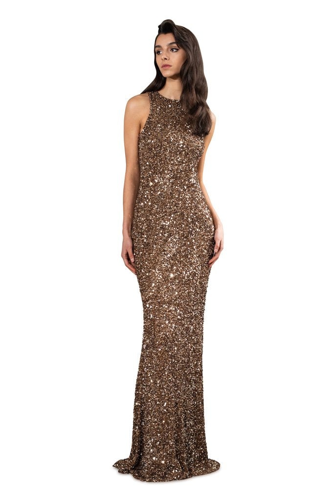 Theia dark gold crunchy sequin gown