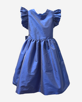 Girls Medium blue faux silk flutter sleeve dress