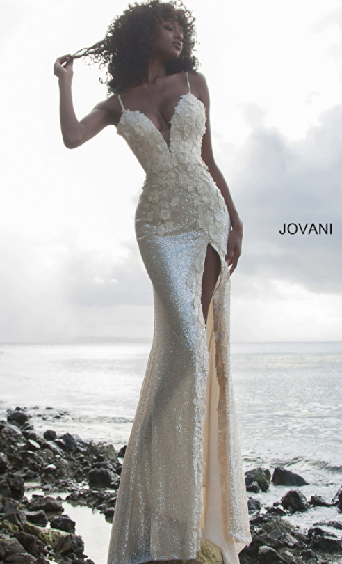 jovani 1012 floral appliques backless prom dress Jovani 1012 Size 10 Rose Gold Prom Dress Long Sequin Fitted Dress Slit