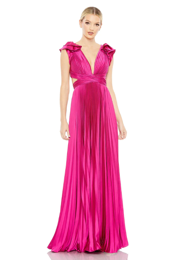 mac duggal pleated dress Green Metallic Pleated Gown With 3D Flower