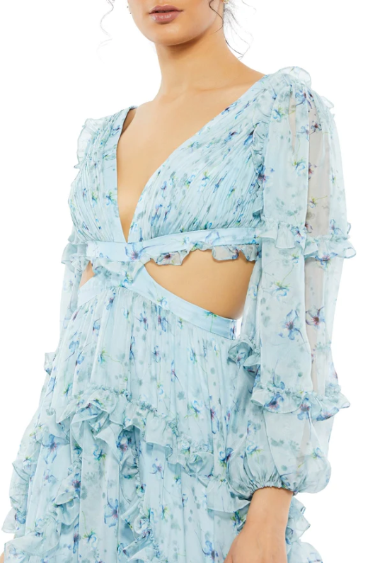 Mac Duggal Ruffle Tiered Floral Cutout Long Sleeve Gown - Powder Blue - 6 Mac Duggal Ruffle Tiered Floral Cutout Long Sleeve Gown - Powder Blue - 6
