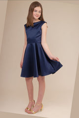 Girls Navy satin cap sleeve dress